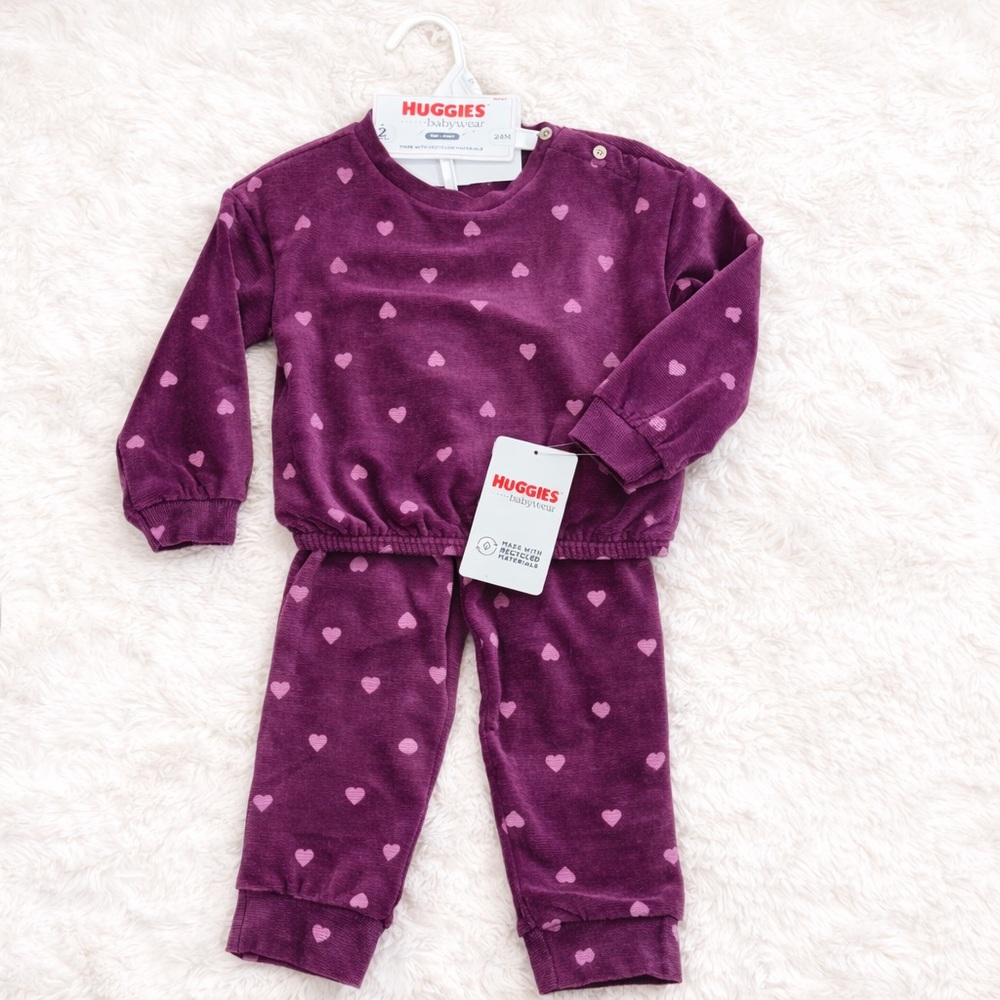 Huggies Babywear Purple Heart Velour 2-Piece Outfit Set 24M Soft Cozy